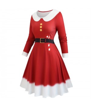 Womens dresses christmas cosplay long sleeve decorated belt&button color blocking maxi dress o neck plus size elegant dress