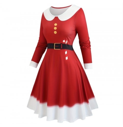 Womens dresses christmas cosplay long sleeve decorated belt&button color blocking maxi dress o neck plus size elegant dress