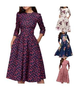 Women A Line Dress Party Retro Floral Summer Seven Quarter Sleeves Round Neck Women Plus Size Dress