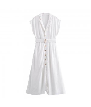 ZATRHMBM Women 2024 Summer New Fashion With Belt White Dress Vintage Short Sleeves Button-Up Female Dresses Vestidos Mujer