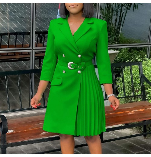 Wholesale Hot Selling Ladies Office Dresses Women Formal Work Long Sleeve V Collar Bead Ruffle Career Dresses With Belt