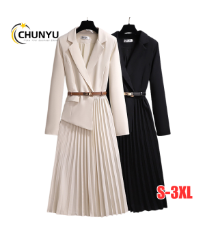 High Quality Spring Autumn Elegant Blazer Dress V-neck Slim Design Pleated Dresses Women Casual Ladies Office Dresses