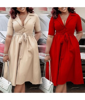 women's clothing Women Lady Temperament Elegan Dresses Fashion Suit Collar Short Sleeve Solid Color Waist Swing Casual Dress