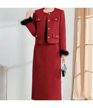 Women's New A-Line Two-Piece Plaid Dress for Autumn and Winter Lady Small Fragrant Wind Natural Waistline for Adults