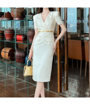 ZYHT 51000 Professional Dress Trendy Elegant Ladies Satin Office Dresses Women Formal Work Short Sleeves Career Dresses Women