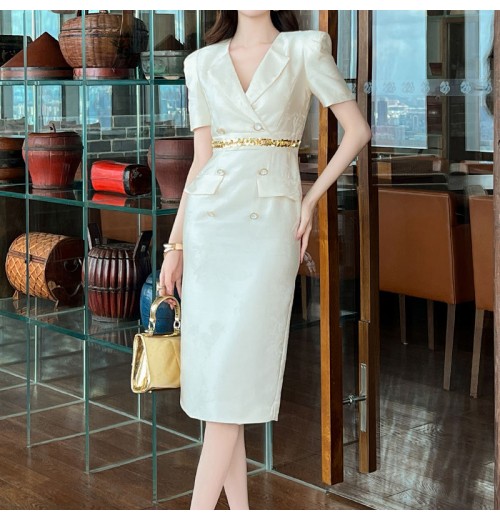 ZYHT 51000 Professional Dress Trendy Elegant Ladies Satin Office Dresses Women Formal Work Short Sleeves Career Dresses Women