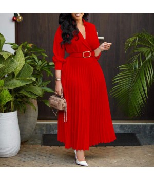 Wholesale Ladies Long Dress With Belt women's clothing Party Pleated Dress Long Sleeve women's dresses