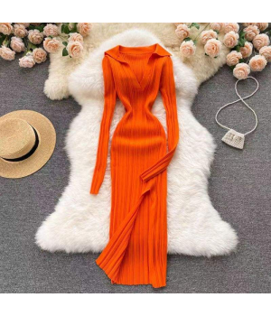 Custom split wrap knee length V-Neck casual elegant autumn ribbed pullover warm OEM women casual long knitted sweater dresses