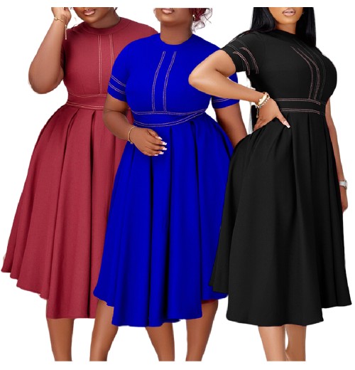 Women's Elegant A-Line Summer Dresses Short Sleeve Office Empire Waist Breathable Sustainable Maxi African-Style Clothing Ladies